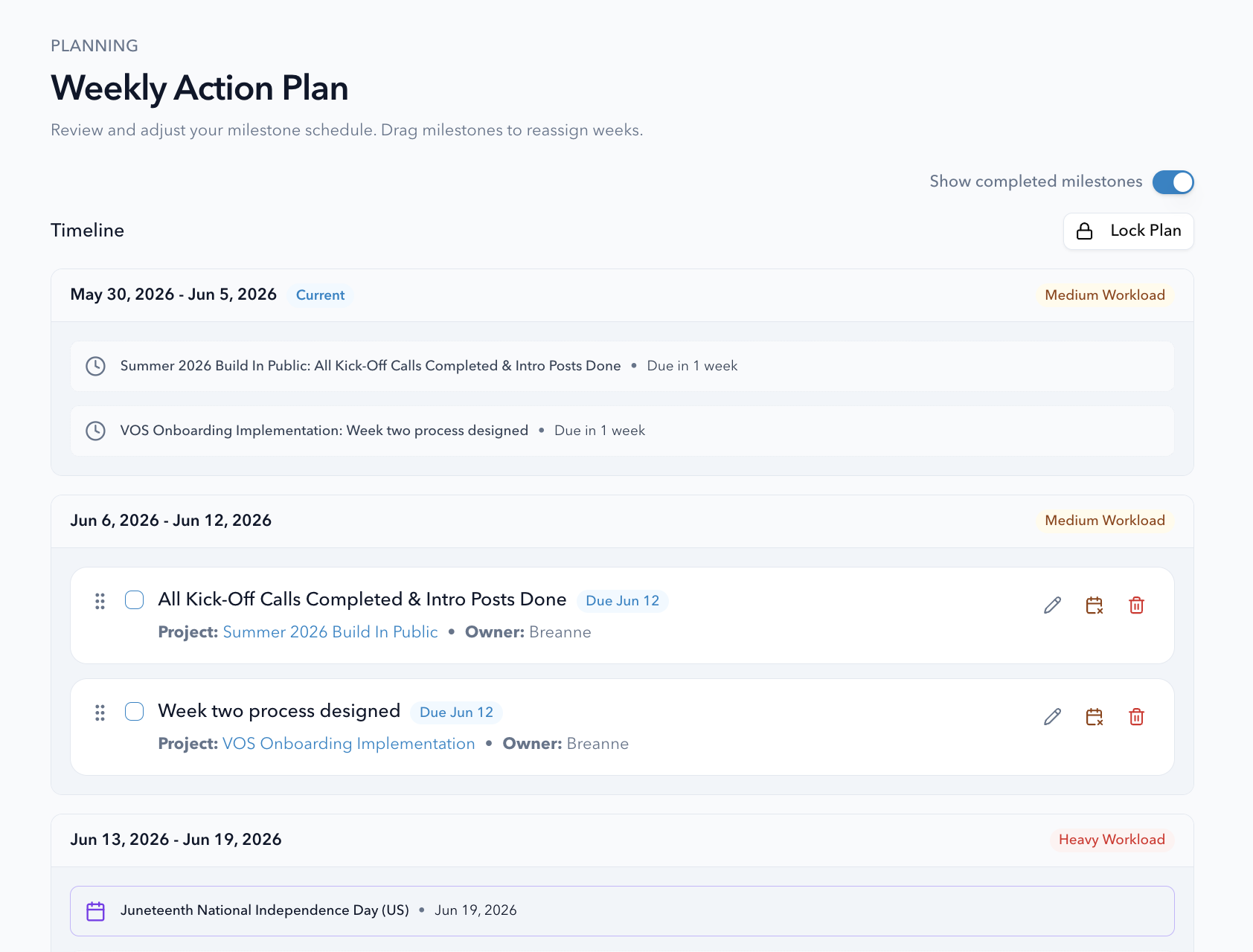 Weekly action plan in VisionaryOS